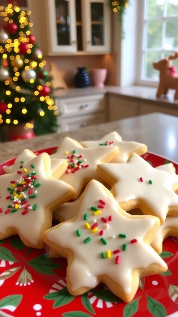 A plate of decorated Christmas sugar cookies in festive shapes on a holiday-themed plate.